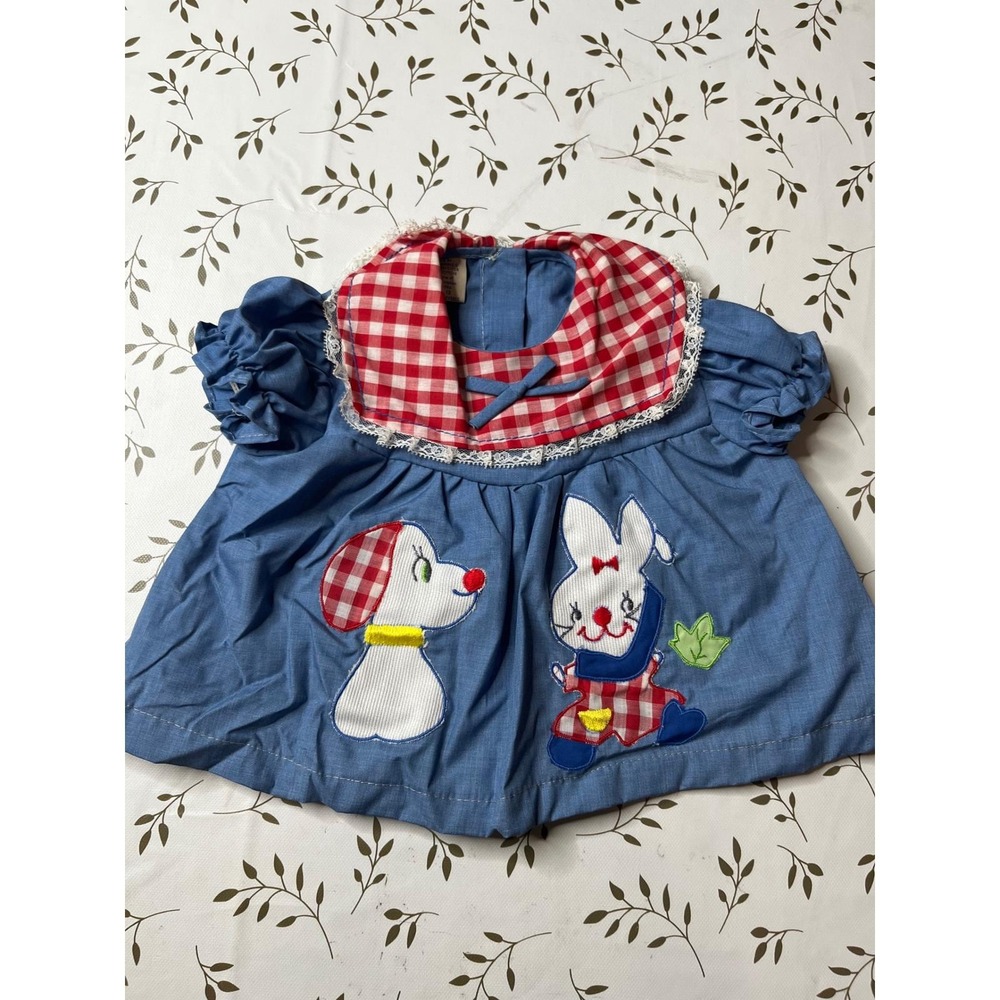Vintage 80s 90s Judy Philippine Baby Top Blue Gingham Lace Dog Bunny 12M NEW